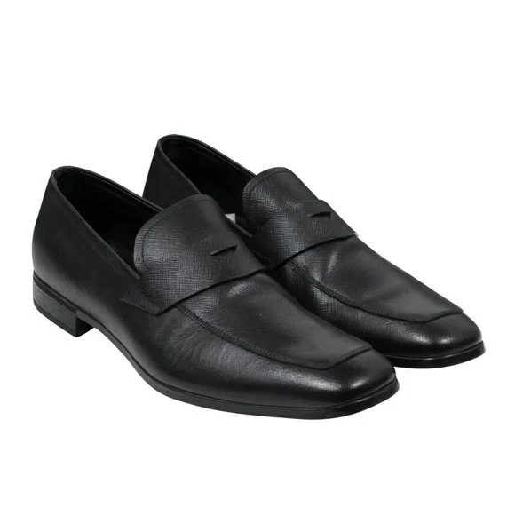 Prada Mens Penny Loafers US 8.5 UK 7.5 Black Saffiano Leather Slip On Moccasins - Picture 1 of 10